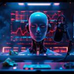 En humanoid robot med hovedtelefoner sidder ved en sendepult med en mikrofon, omgivet af kontrolpaneler og flere skærme, der viser røde finansielle grafer og data i et mørkt, højteknologisk studie. - Kunstig intelligens AI