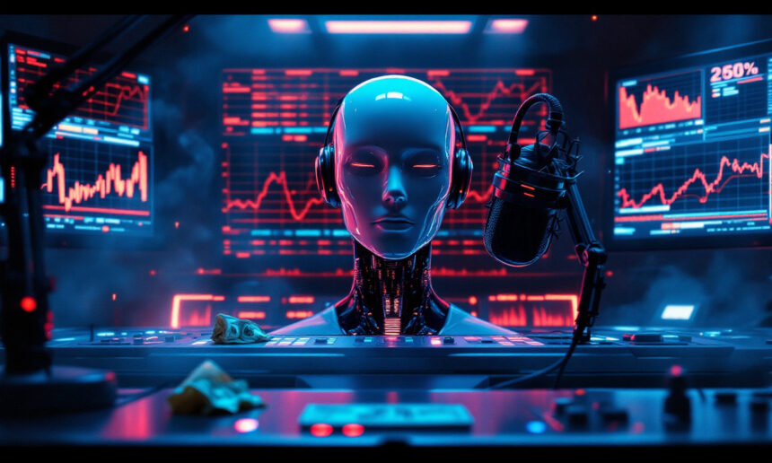 En humanoid robot med hovedtelefoner sidder ved en sendepult med en mikrofon, omgivet af kontrolpaneler og flere skærme, der viser røde finansielle grafer og data i et mørkt, højteknologisk studie. - Kunstig intelligens AI