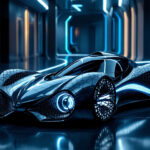 En futuristisk sort sportsvogn med lysende blå detaljer og et slankt, aerodynamisk design er udstillet i en højteknologisk, neonoplyst korridor med reflekterende gulve og oplyste vægpaneler. - Kunstig intelligens AI