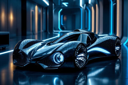En futuristisk sort sportsvogn med lysende blå detaljer og et slankt, aerodynamisk design er udstillet i en højteknologisk, neonoplyst korridor med reflekterende gulve og oplyste vægpaneler. - Kunstig intelligens AI