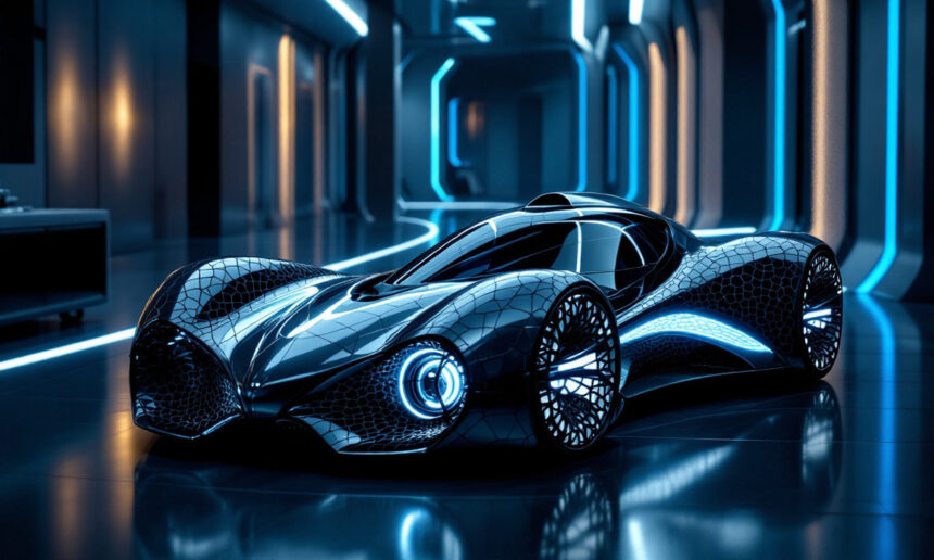 En futuristisk sort sportsvogn med lysende blå detaljer og et slankt, aerodynamisk design er udstillet i en højteknologisk, neonoplyst korridor med reflekterende gulve og oplyste vægpaneler. - Kunstig intelligens AI