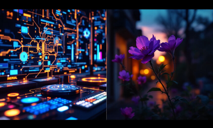 Et splitbillede viser et glødende futuristisk digitalt kontrolpanel til venstre og levende lilla blomster i blødt aftenlys til højre, en kontrast mellem teknologi og natur. - Kunstig intelligens AI