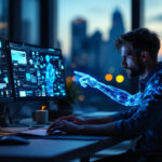 En mand arbejder ved en computer med flere skærme, der viser data, mens en glødende, digital arm ser ud til at strække sig ud fra hans egen og nå frem til skærmene. En bys skyline er synlig gennem vinduet i skumringen. - Kunstig intelligens AI
