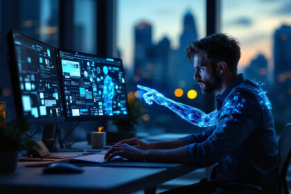 En mand arbejder ved en computer med flere skærme, der viser data, mens en glødende, digital arm ser ud til at strække sig ud fra hans egen og nå frem til skærmene. En bys skyline er synlig gennem vinduet i skumringen. - Kunstig intelligens AI