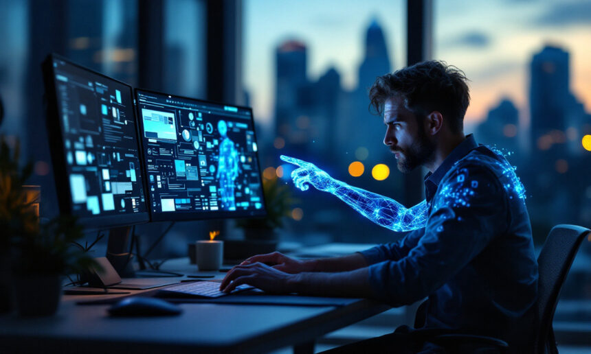 En mand arbejder ved en computer med flere skærme, der viser data, mens en glødende, digital arm ser ud til at strække sig ud fra hans egen og nå frem til skærmene. En bys skyline er synlig gennem vinduet i skumringen. - Kunstig intelligens AI