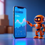 En lille orange robot peger på en stor smartphone, der viser en finansiel graf og en saldo på 25,05 dollars, mens papkasser er slørede i baggrunden. - Kunstig intelligens AI