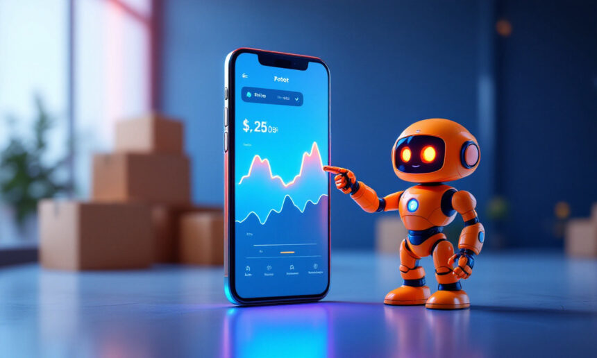 En lille orange robot peger på en stor smartphone, der viser en finansiel graf og en saldo på 25,05 dollars, mens papkasser er slørede i baggrunden. - Kunstig intelligens AI