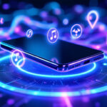 En smartphone svæver over en lysende, cirkulær digital platform med flydende app-ikoner for musik, kort, fitness og navigation på en livlig, futuristisk baggrund af blå og lilla neonlys. - Kunstig intelligens AI