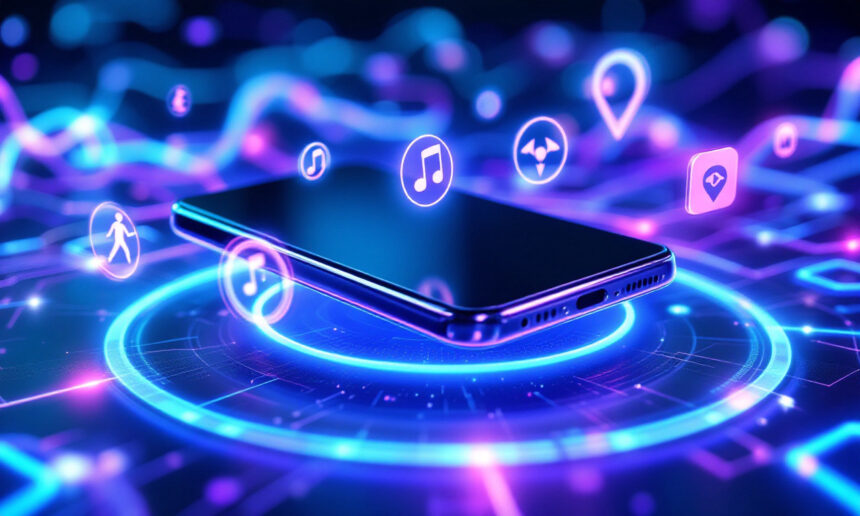 En smartphone svæver over en lysende, cirkulær digital platform med flydende app-ikoner for musik, kort, fitness og navigation på en livlig, futuristisk baggrund af blå og lilla neonlys. - Kunstig intelligens AI