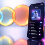 En smartphone, der viser app-indstillinger med et astronautbillede på skærmen, står oprejst; farverige glødende bobler flyder i den slørede baggrund og skaber en futuristisk, livlig atmosfære. - Kunstig intelligens AI