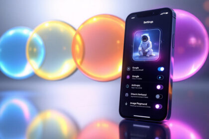 En smartphone, der viser app-indstillinger med et astronautbillede på skærmen, står oprejst; farverige glødende bobler flyder i den slørede baggrund og skaber en futuristisk, livlig atmosfære. - Kunstig intelligens AI