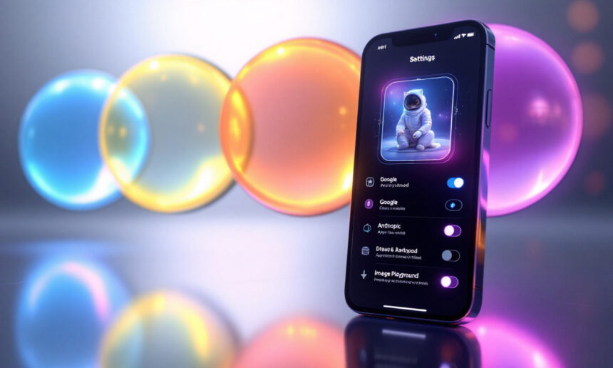 En smartphone, der viser app-indstillinger med et astronautbillede på skærmen, står oprejst; farverige glødende bobler flyder i den slørede baggrund og skaber en futuristisk, livlig atmosfære. - Kunstig intelligens AI