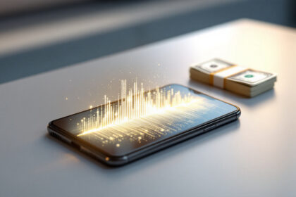 En smartphone på et bord viser lysende holografiske søjlediagrammer, der symboliserer digital økonomisk vækst. I nærheden er to stakke med kontanter pænt placeret og forbinder teknologi og penge. - Kunstig intelligens AI