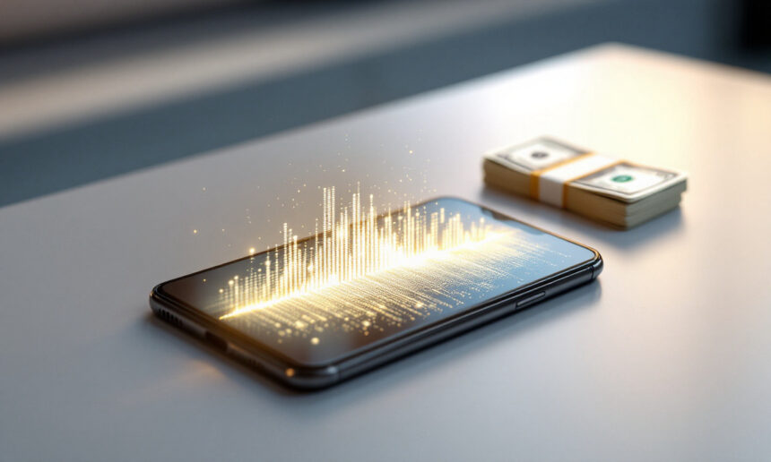 En smartphone på et bord viser lysende holografiske søjlediagrammer, der symboliserer digital økonomisk vækst. I nærheden er to stakke med kontanter pænt placeret og forbinder teknologi og penge. - Kunstig intelligens AI