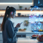 En kvinde står i et moderne køkken, iført trådløse hovedtelefoner, og bruger en smartphone. Et lysende holografisk interface med digitale ikoner vises over disken, omgivet af frisk frugt og køkkenudstyr. - Kunstig intelligens AI