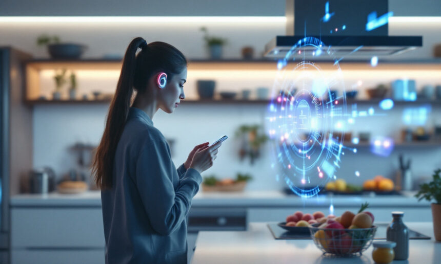En kvinde står i et moderne køkken, iført trådløse hovedtelefoner, og bruger en smartphone. Et lysende holografisk interface med digitale ikoner vises over disken, omgivet af frisk frugt og køkkenudstyr. - Kunstig intelligens AI