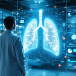 En læge i hvid kittel kigger på et stort digitalt display med lunger, omgivet af futuristiske medicinske data og grafer i et højteknologisk laboratorium. - Kunstig intelligens AI