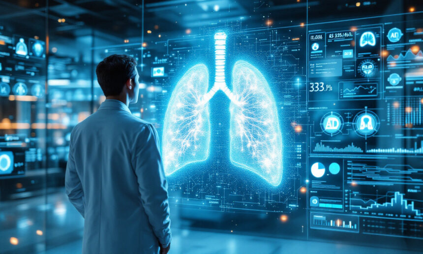 En læge i hvid kittel kigger på et stort digitalt display med lunger, omgivet af futuristiske medicinske data og grafer i et højteknologisk laboratorium. - Kunstig intelligens AI