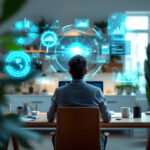 En person sidder ved et skrivebord på et moderne kontor og ser på flydende digitale skærme, der viser datatabeller, grafer og interface-elementer, som repræsenterer avanceret teknologi og dataanalyse. - Kunstig intelligens AI