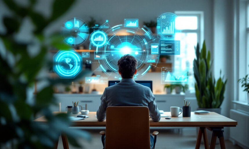 En person sidder ved et skrivebord på et moderne kontor og ser på flydende digitale skærme, der viser datatabeller, grafer og interface-elementer, som repræsenterer avanceret teknologi og dataanalyse. - Kunstig intelligens AI