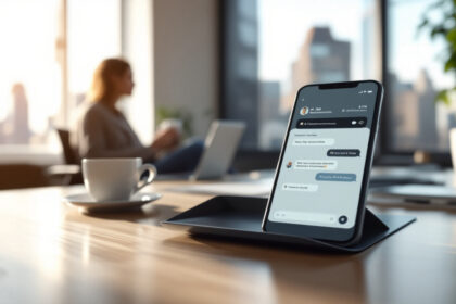 En smartphone, der viser en chatsamtale, står oprejst på et skrivebord på et kontor. En kaffekop, en underkop og en bærbar computer står i nærheden. En person sidder i den slørede baggrund med store byvinduer bag sig. - Kunstig intelligens AI