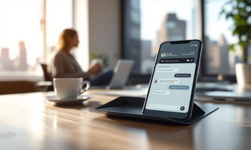 En smartphone, der viser en chatsamtale, står oprejst på et skrivebord på et kontor. En kaffekop, en underkop og en bærbar computer står i nærheden. En person sidder i den slørede baggrund med store byvinduer bag sig. - Kunstig intelligens AI