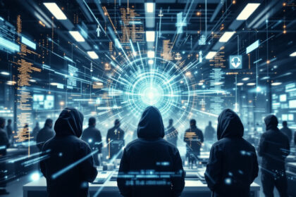 Tre personer i mørke hættetrøjer står over for en lysende digital hvirvel omgivet af glødende data og kode i et højteknologisk rum fyldt med andre, hvilket fremkalder temaer som hacking, cybersikkerhed og digitale netværk. - Kunstig intelligens AI