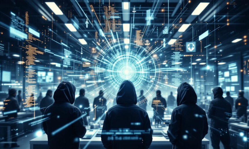 Tre personer i mørke hættetrøjer står over for en lysende digital hvirvel omgivet af glødende data og kode i et højteknologisk rum fyldt med andre, hvilket fremkalder temaer som hacking, cybersikkerhed og digitale netværk. - Kunstig intelligens AI