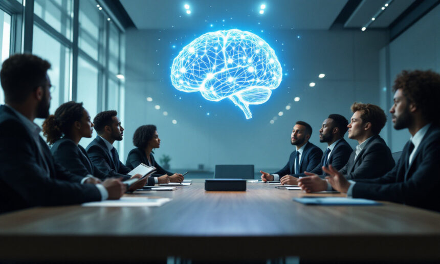 En gruppe forretningsfolk sidder omkring et konferencebord i et moderne kontor og ser på et stort digitalt hologram af en lysende hjerne, der hænger i luften midt på bordet. - Kunstig intelligens AI