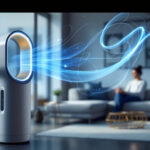 En bladløs ventilator udsender hvirvlende blå luft i en moderne stue, hvor en person sidder i en sofa i baggrunden. Scenen er lys og stilfuld og fremhæver ventilatorens futuristiske design og luftstrøm. - Kunstig intelligens AI