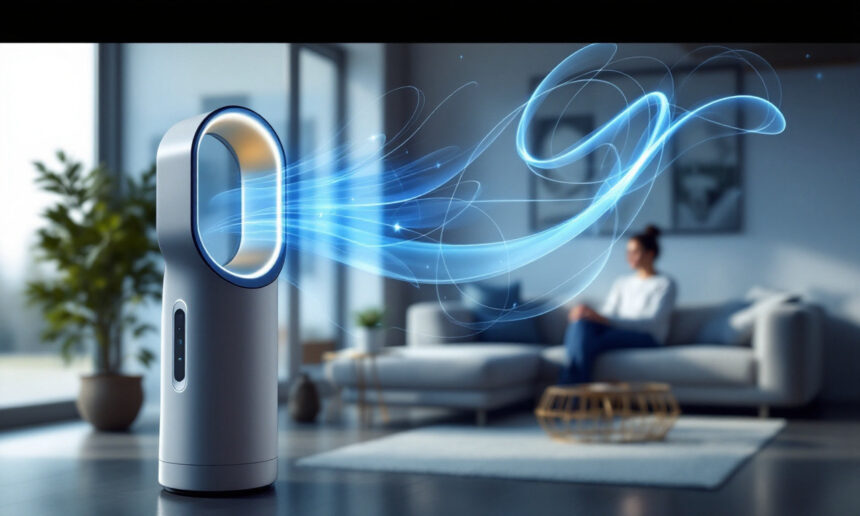 En bladløs ventilator udsender hvirvlende blå luft i en moderne stue, hvor en person sidder i en sofa i baggrunden. Scenen er lys og stilfuld og fremhæver ventilatorens futuristiske design og luftstrøm. - Kunstig intelligens AI