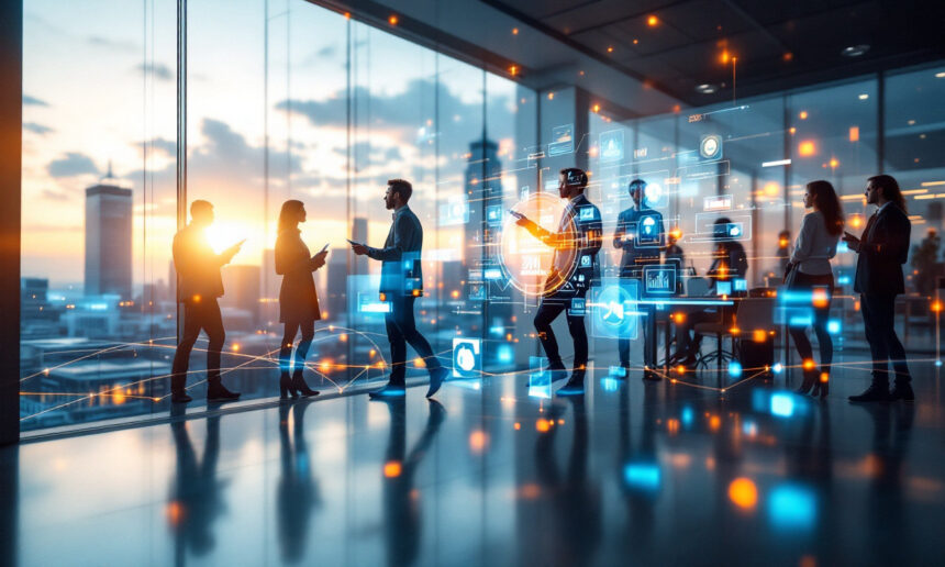 Forretningsfolk interagerer i et moderne kontor med store vinduer ved solnedgang, omgivet af digitale data og teknologigrafik, der symboliserer innovation og netværk. - Kunstig intelligens AI