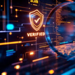 En digital grænseflade viser et lysende skjold med et flueben og ordet VERIFIED, omgivet af futuristisk blå og orange datagrafik, der antyder cybersikkerhed eller digital autentificering. - Kunstig intelligens AI