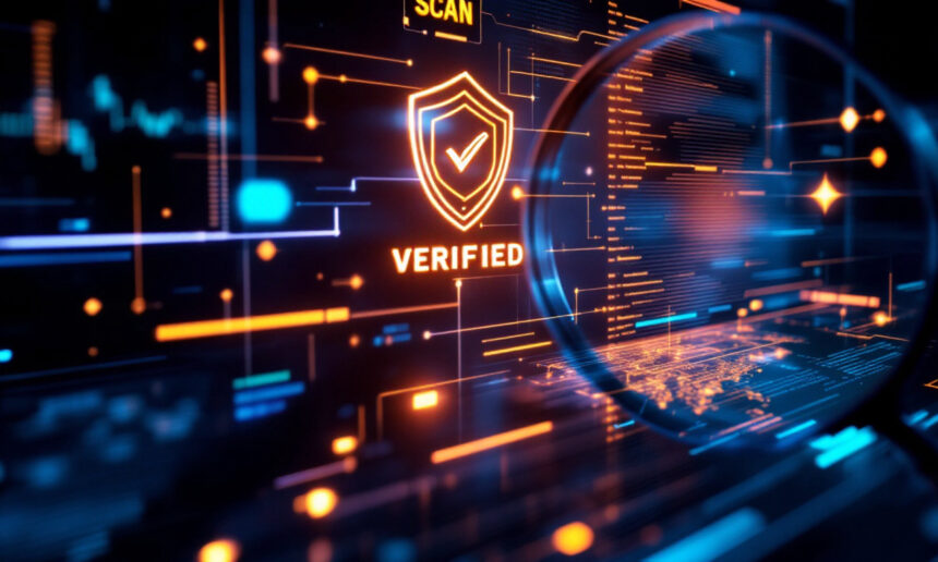 En digital grænseflade viser et lysende skjold med et flueben og ordet VERIFIED, omgivet af futuristisk blå og orange datagrafik, der antyder cybersikkerhed eller digital autentificering. - Kunstig intelligens AI
