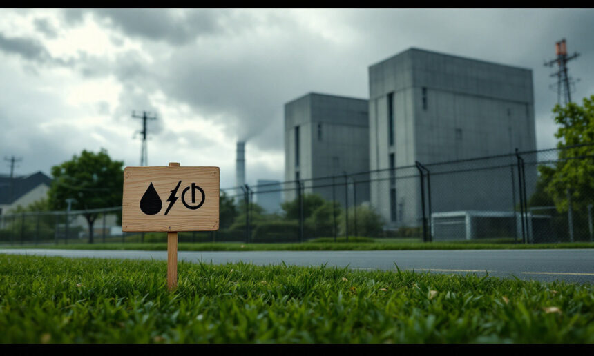 Et træskilt med symboler for vand, elektricitet og strøm står på græs nær en vej med en stor industribygning og en overskyet himmel i baggrunden. - Kunstig intelligens AI