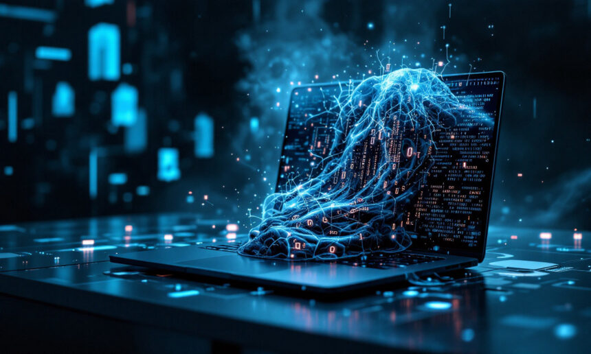 En lysende blå digital bølge lavet af kode strømmer ud af en åben laptop på et skrivebord og symboliserer kunstig intelligens eller databehandling i et futuristisk miljø med tech-tema. - Kunstig intelligens AI