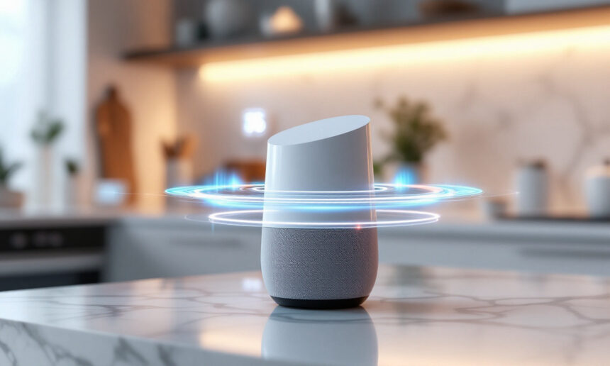 En smarthøjttaler står på et køkkenbord af marmor med lysende blå ringe omkring sig, hvilket tyder på, at den er aktiveret. Den moderne køkkenbaggrund er blødt sløret. - Kunstig intelligens AI