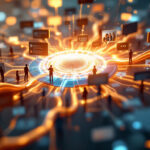 Digital illustration af mennesker omkring en lysende central hub, forbundet med lyse linjer, med flydende informationskort, der symboliserer et netværk eller digital kommunikation og datadeling i et virtuelt miljø. - Kunstig intelligens AI