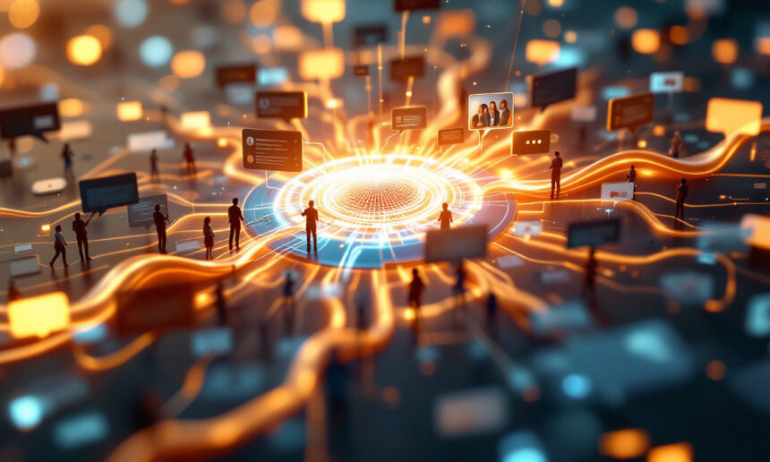 Digital illustration af mennesker omkring en lysende central hub, forbundet med lyse linjer, med flydende informationskort, der symboliserer et netværk eller digital kommunikation og datadeling i et virtuelt miljø. - Kunstig intelligens AI