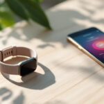 Et smartwatch med et lyst bånd og en smartphone med en farverig app-skærm hviler på en solbeskinnet træoverflade med grønne blade, der kaster bløde skygger i nærheden. - Kunstig intelligens AI