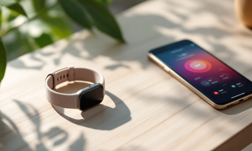 Et smartwatch med et lyst bånd og en smartphone med en farverig app-skærm hviler på en solbeskinnet træoverflade med grønne blade, der kaster bløde skygger i nærheden. - Kunstig intelligens AI