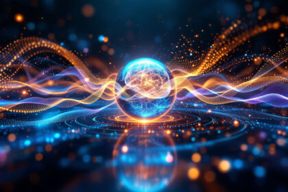 En glødende blå kugle omgivet af hvirvlende orange og blå energibølger, der svæver over koncentriske lysringe på en mørk, futuristisk baggrund med funklende partikler. - Kunstig intelligens AI