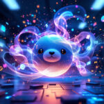 En glødende, sød sæl med et rundt ansigt og store øjne ser ud til at svæve i en futuristisk digital verden, omgivet af hvirvlende neonlys og pixel-lignende partikler på en højteknologisk overflade. - Kunstig intelligens AI