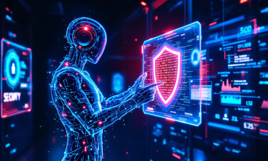 En futuristisk humanoid robot interagerer med en glødende digital touchscreen, der viser et rødt skjold, som symboliserer cybersikkerhed, omgivet af data og sikkerhedsinterfacegrafik i et højteknologisk miljø. - Kunstig intelligens AI