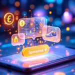 En smartphone på en glødende overflade viser flydende digitale ikoner af penge, shopping og en sko med en fremhævet Sponsored-knap, der symboliserer onlineannoncering og e-handel. - Kunstig intelligens AI
