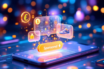 En smartphone på en glødende overflade viser flydende digitale ikoner af penge, shopping og en sko med en fremhævet Sponsored-knap, der symboliserer onlineannoncering og e-handel. - Kunstig intelligens AI