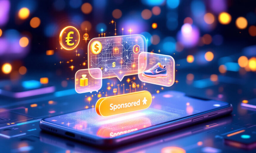 En smartphone på en glødende overflade viser flydende digitale ikoner af penge, shopping og en sko med en fremhævet Sponsored-knap, der symboliserer onlineannoncering og e-handel. - Kunstig intelligens AI