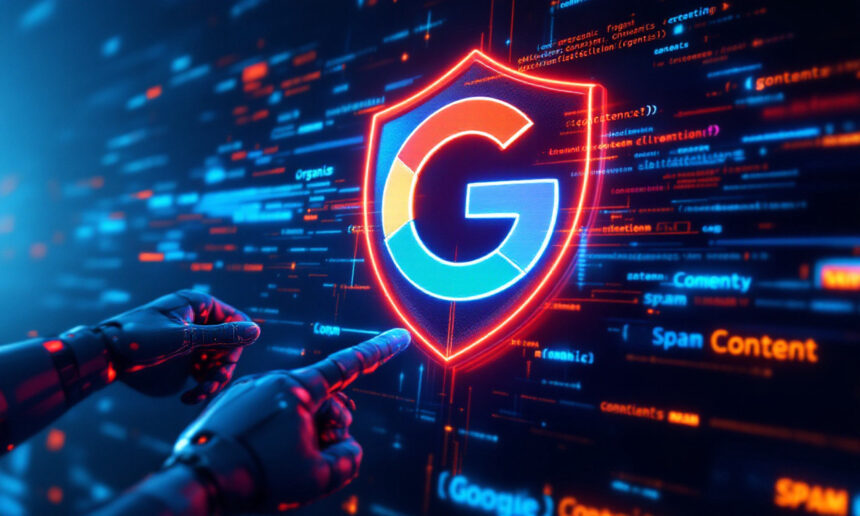 En robothånd peger på et lysende skjold med Google G-logoet, omgivet af kode og digitale sikkerhedssymboler, der symboliserer cybersikkerhed og beskyttelse af digitale oplysninger. - Kunstig intelligens AI