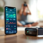 En smartphone, der viser fitness- og sundhedsstatistik, står ved siden af et smart armbånd, der viser tiden. I den slørede baggrund sidder en person på gulvet i et lyst, moderne rum. - Kunstig intelligens AI