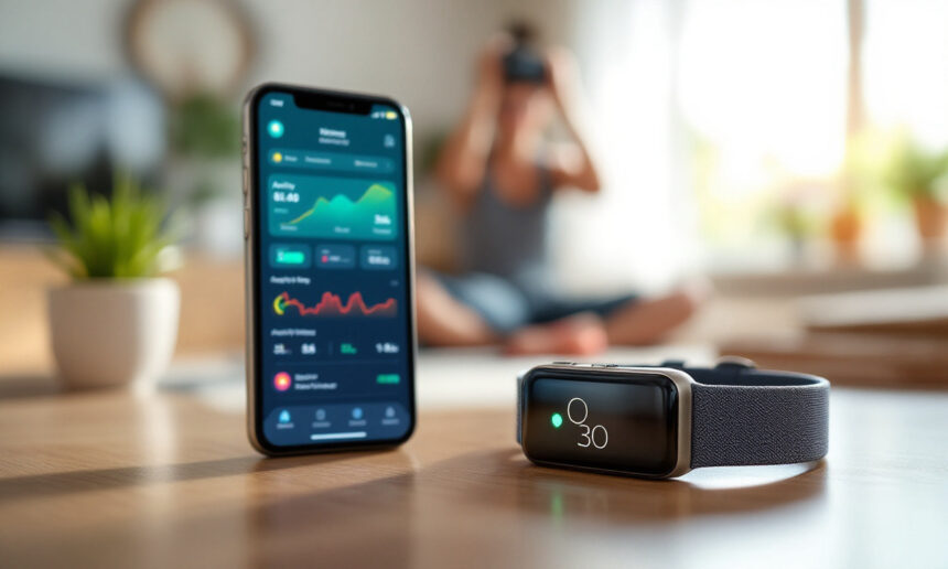 En smartphone, der viser fitness- og sundhedsstatistik, står ved siden af et smart armbånd, der viser tiden. I den slørede baggrund sidder en person på gulvet i et lyst, moderne rum. - Kunstig intelligens AI